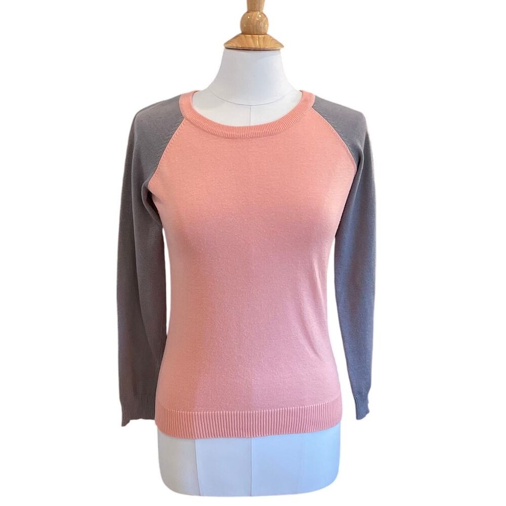 Say What? Pink Gray Baseball Raglan Sleeve Crewneck Sweater, Sporty Coquette M